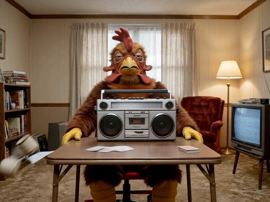 The Submissive Chicken at a card table with a boombox